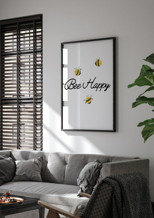 Bee Happy Wall Art – Unframed – Modern Typography Kitchen Quote Print Print