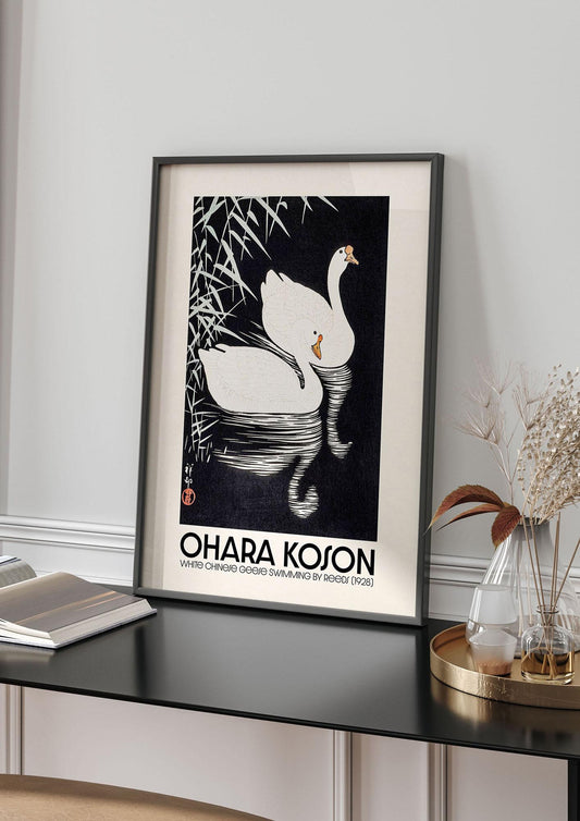 Ohara Koson White Chinese Geese Swimming By Reeds 1928 Printed Poster - living room 4