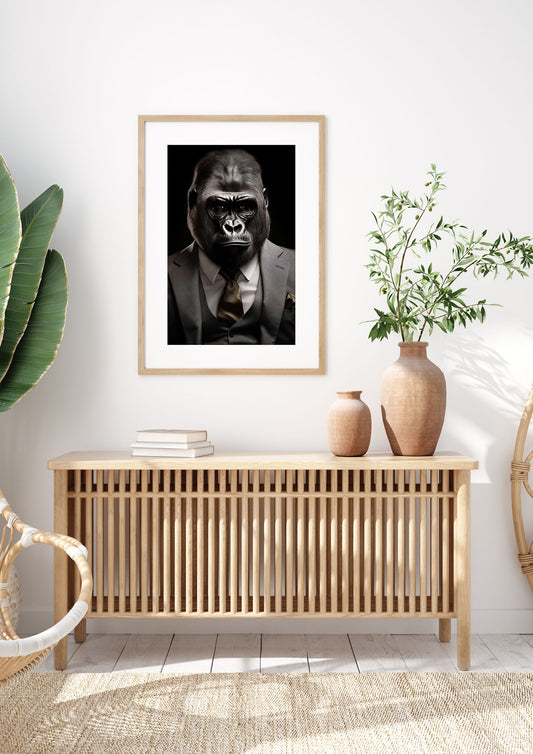 Elegant Gorilla in Grey Suit: Unique Wall Art Statement