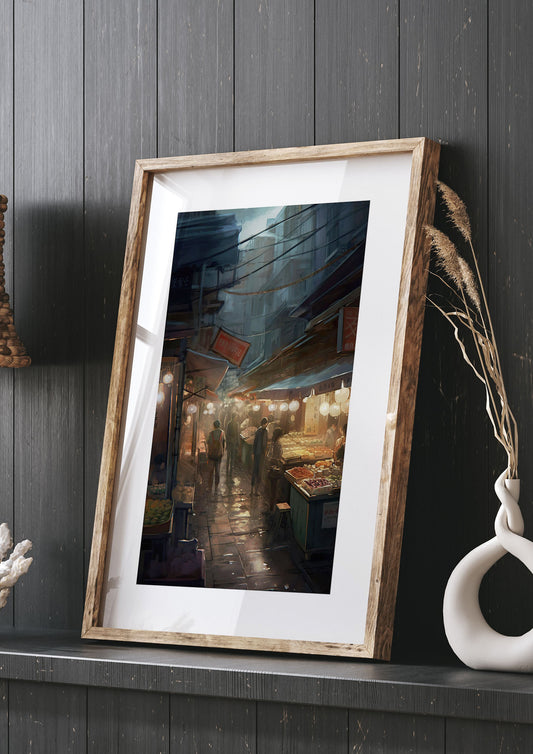 Vibrant Market Street at Dusk: Atmospheric Urban Artwork