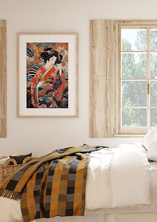 Japanese Woman in Kimono with Floral Pattern Art
