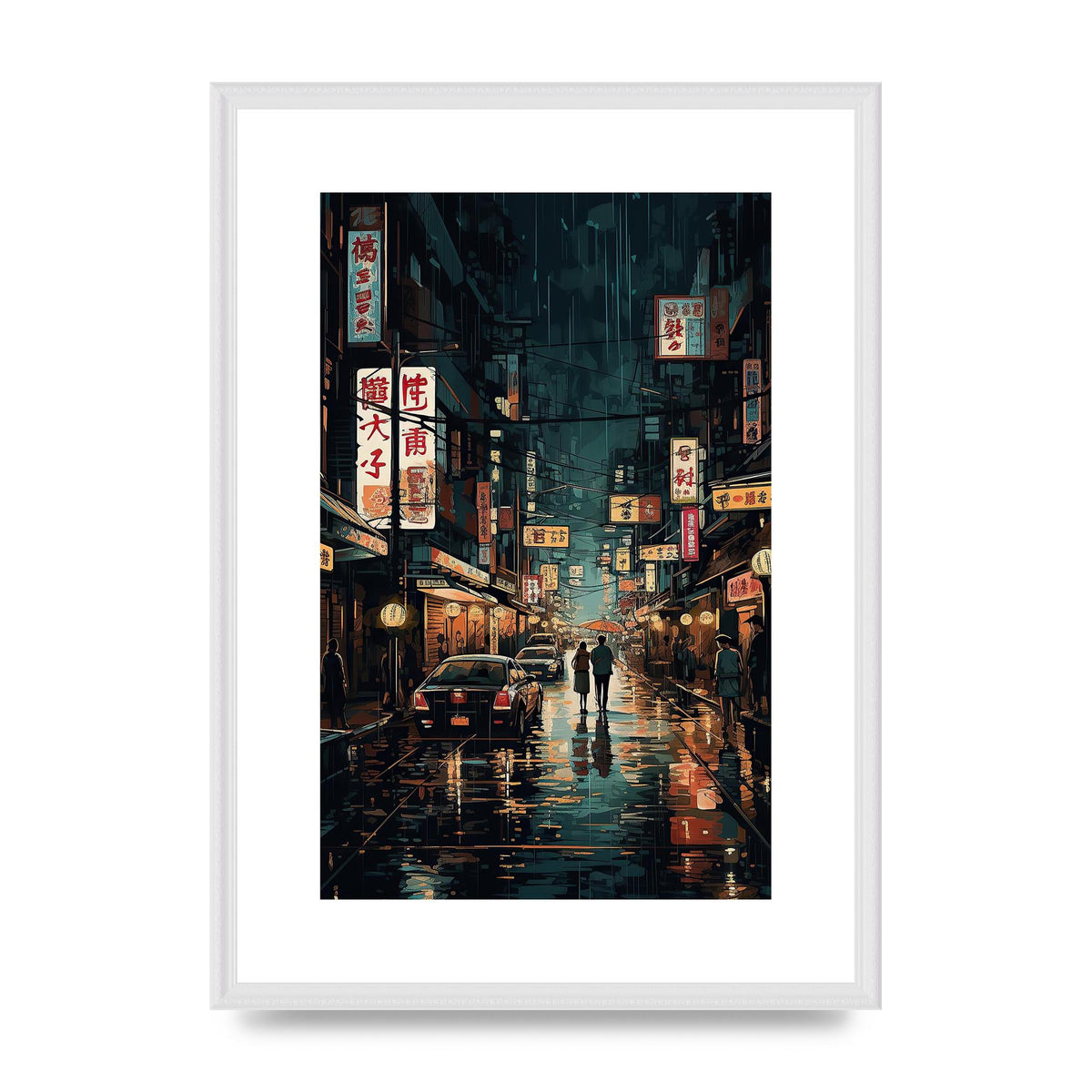 Rainy Tokyo Street at Night Illustration Print