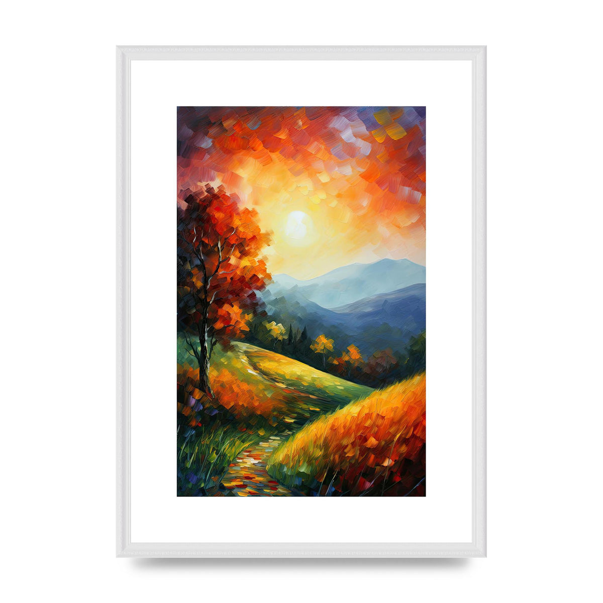 Vivid Autumn Landscape Painting with Sun
