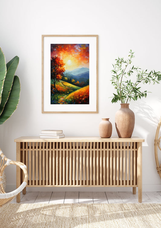 Vivid Autumn Landscape Painting with Sun