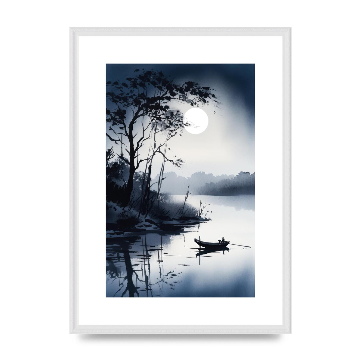 Serene Sumi-e Moon Lake and Silhouetted Boat