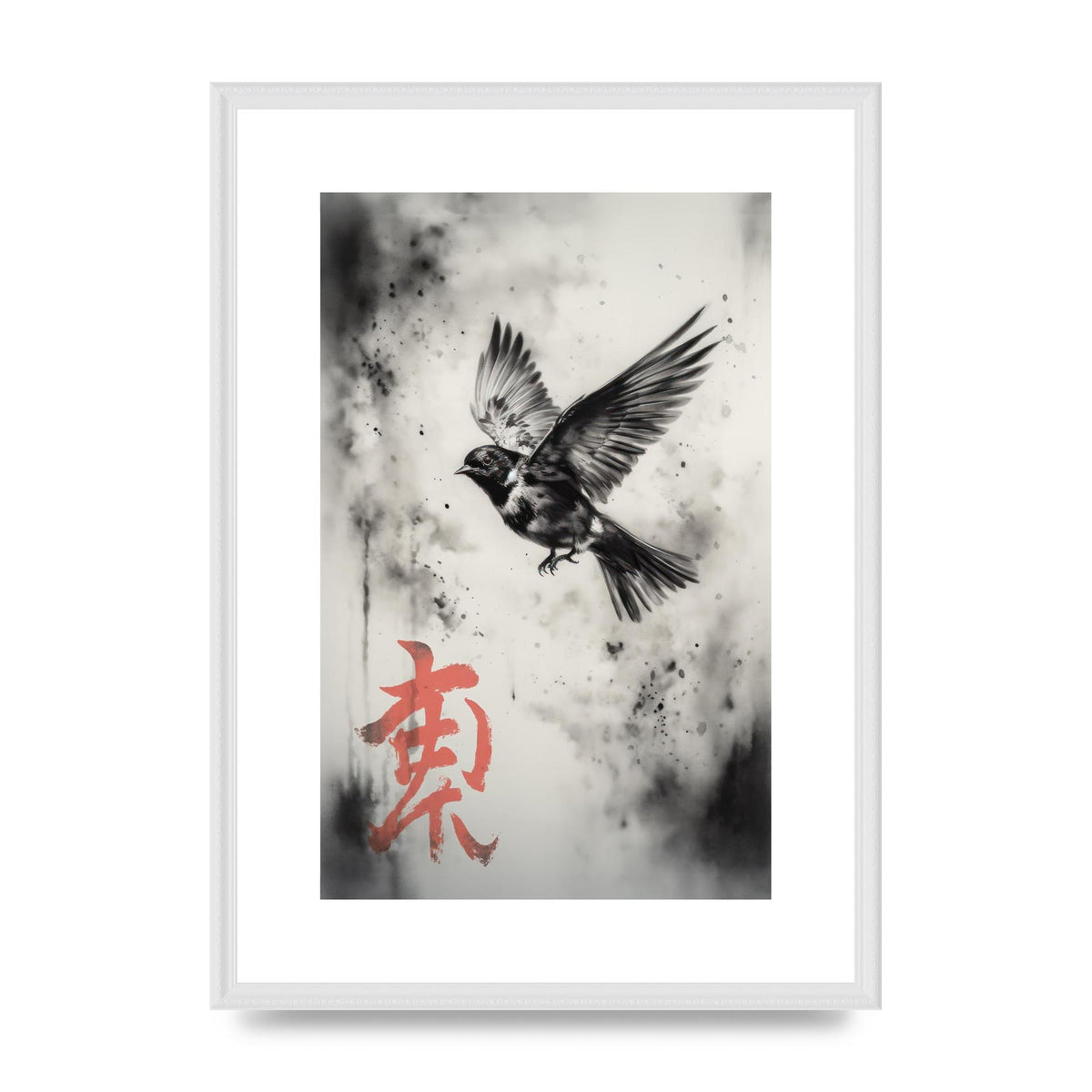 Sumi-e Art Sparrow Soaring Amidst Clouds