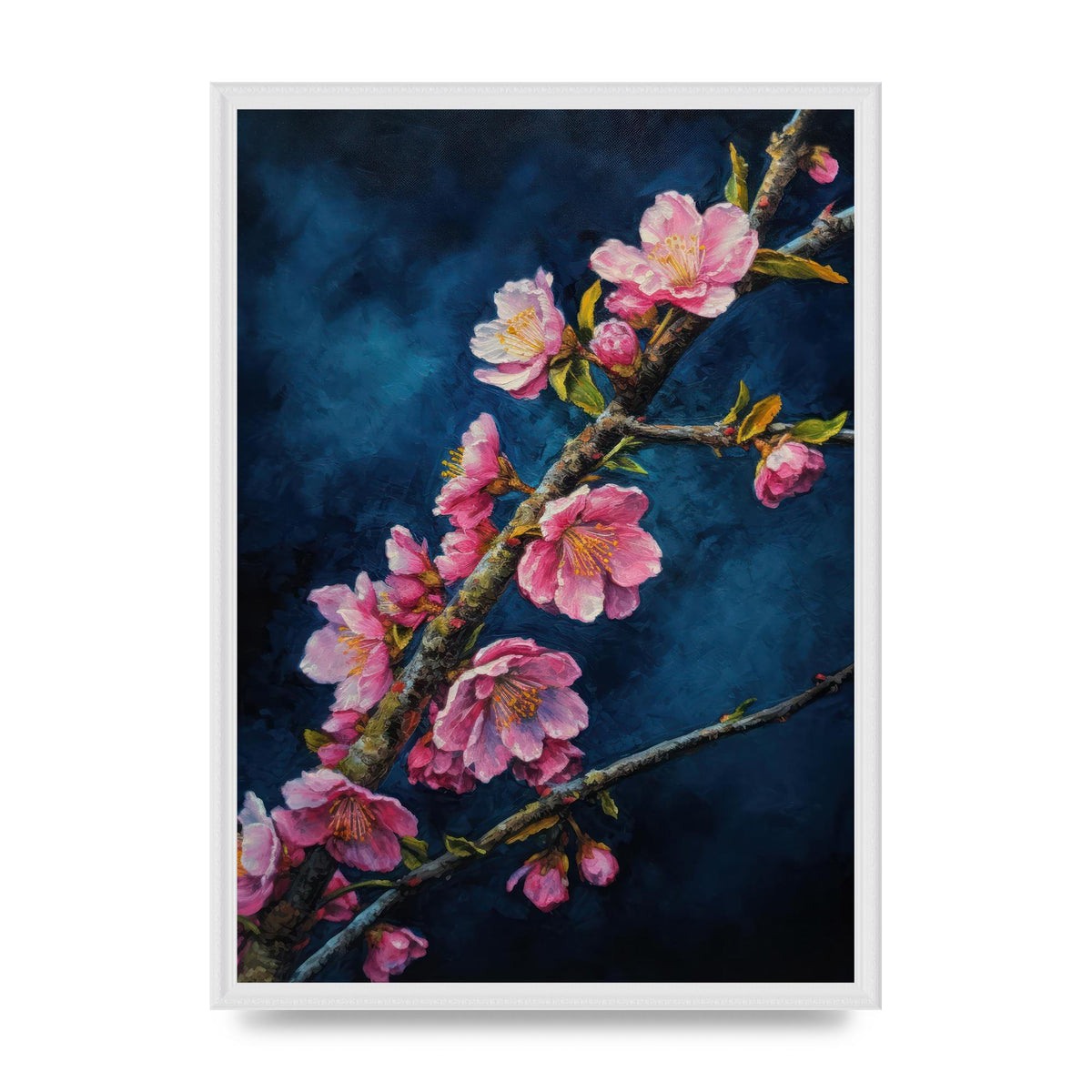 Bold Cherry Blossoms on Indigo Branch