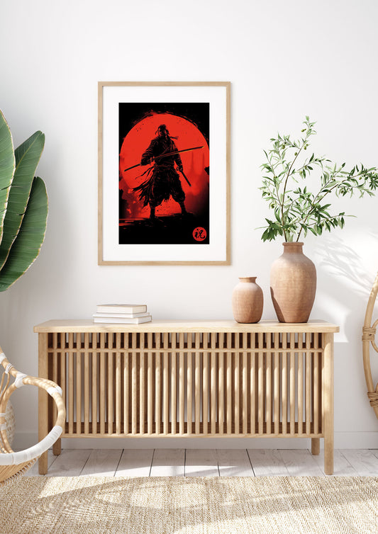 Samurai Silhouette with Fiery Red Backdrop