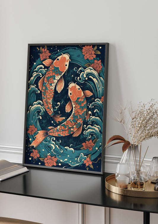 Vibrant Blue Pond with Swirling Koi