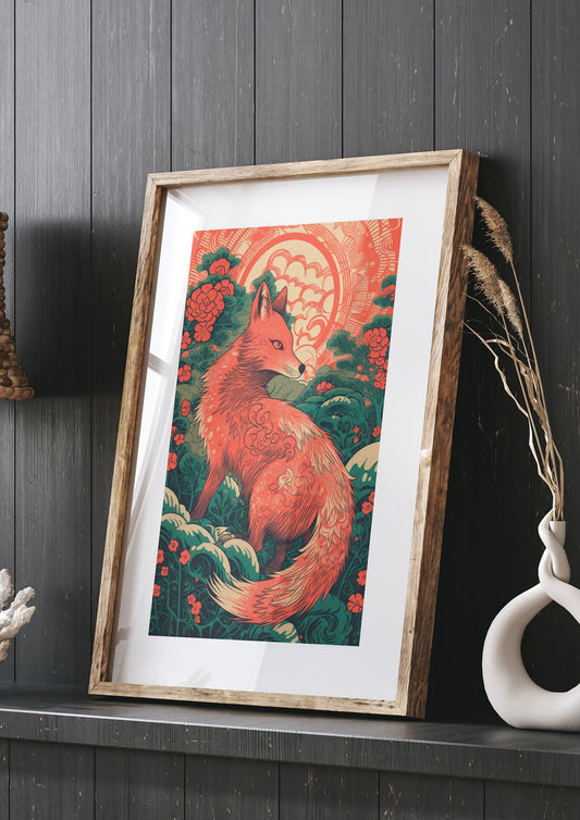 Risograph-Inspired Kitsune in Forest Green