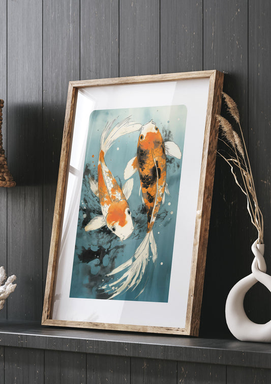 Sumi-e Koi Fish in Cerulean Water