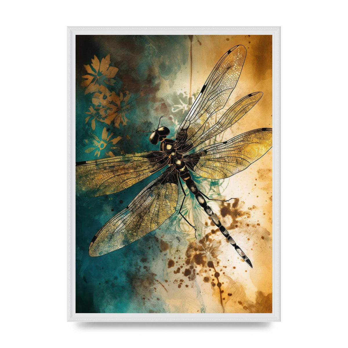 Dreamlike Dragonfly in Gold and Teal Sumi-e