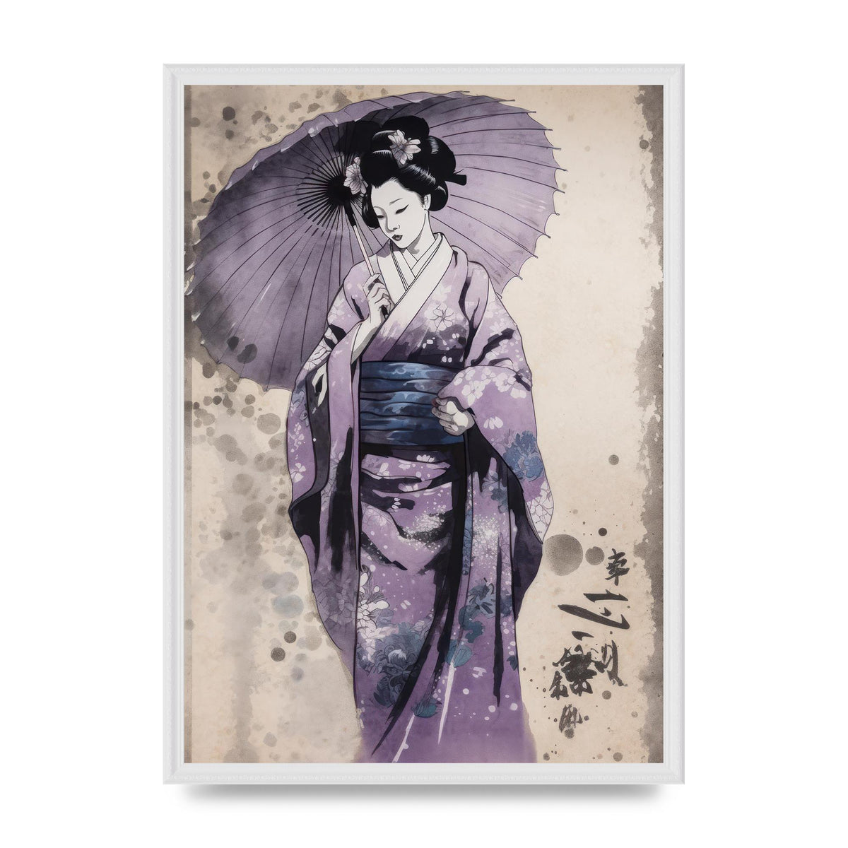Geisha Poised on Lavender Canvas