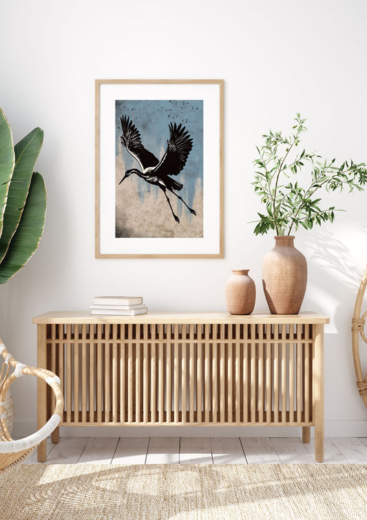 Tranquil Blue Canvas with Crane Silhouette