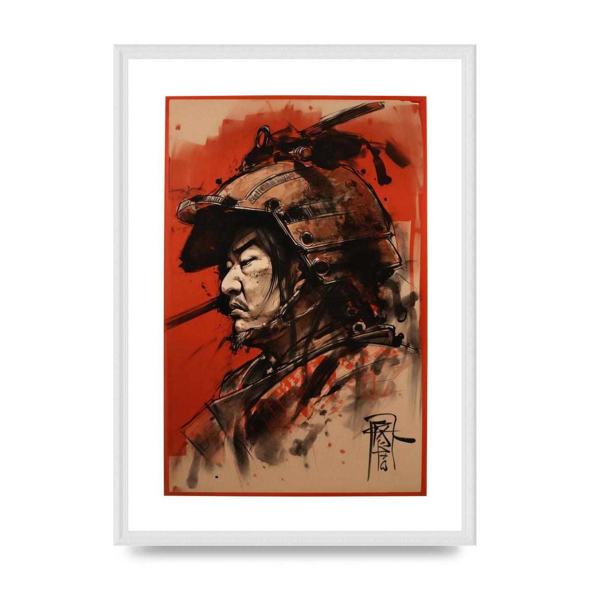 Samurai Profile on Deep Red Canvas
