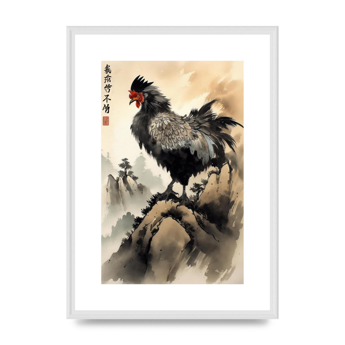 Sumi-e Painting Enchanting Tengu Atop Peak