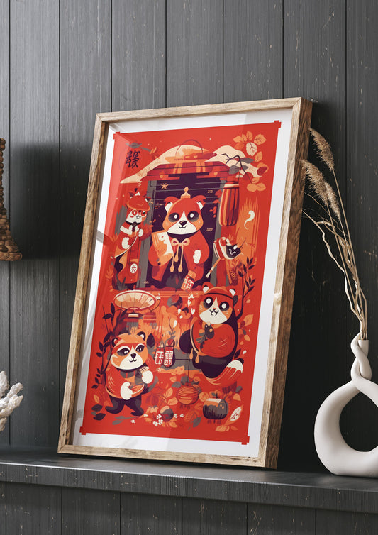 Playful Tanuki in Festival Backdrop