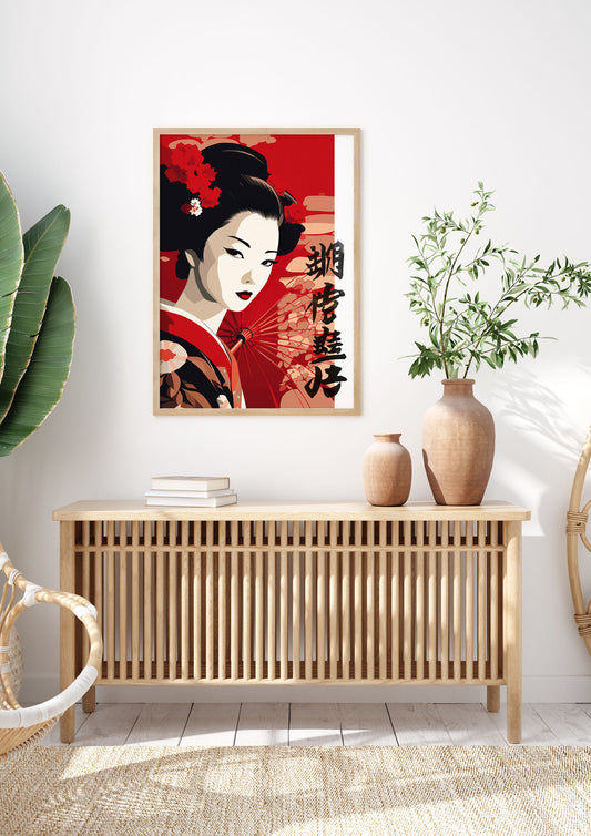 Modern Geisha Lithograph with Red Lips