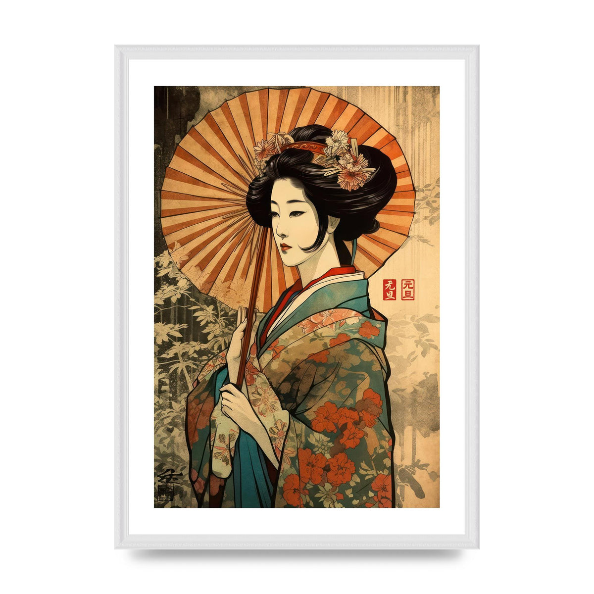 Graceful Geisha Woodblock Rendition