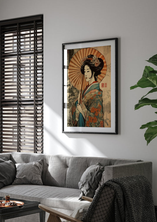 Graceful Geisha Woodblock Rendition