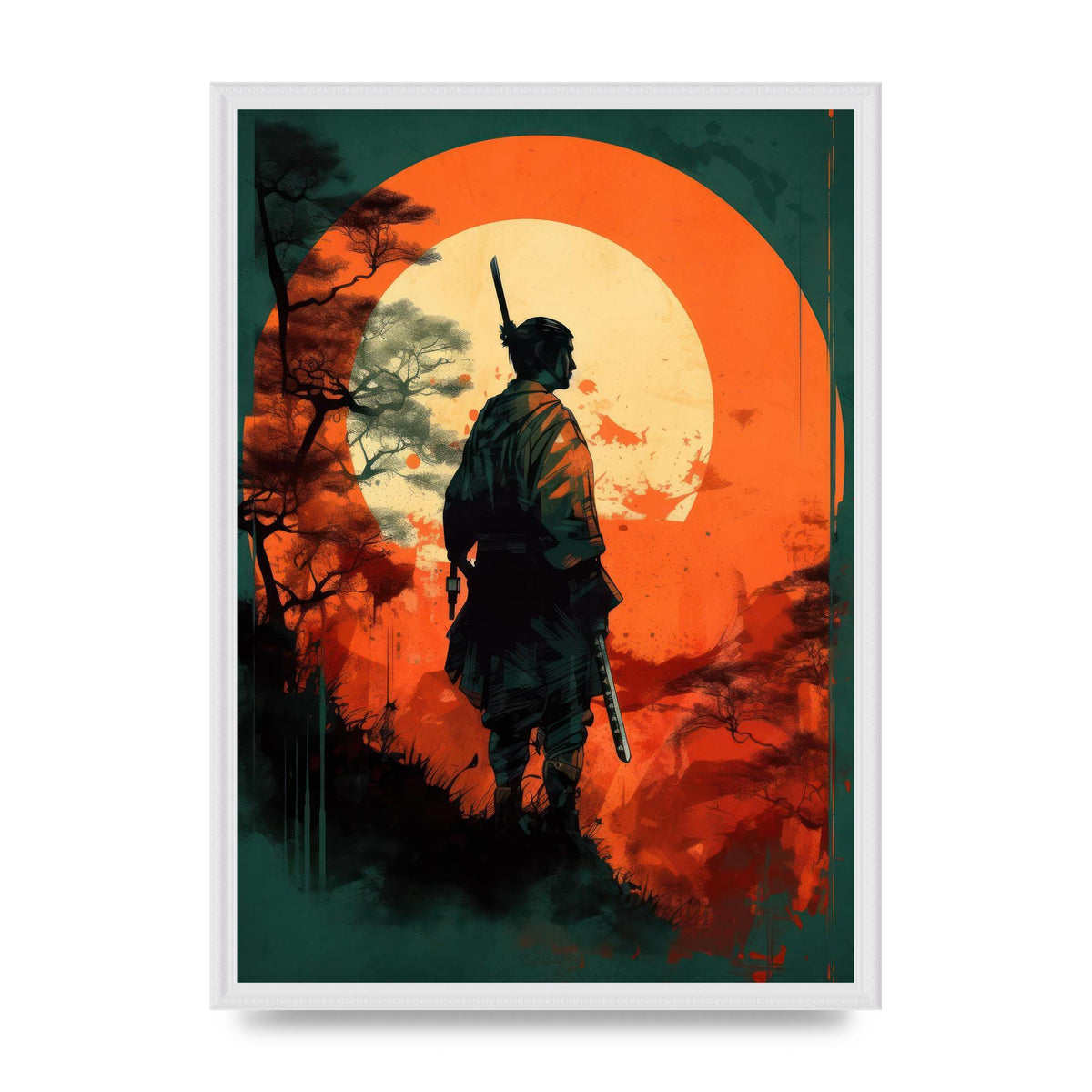 Samurais Silhouette Against Stark Backdrop
