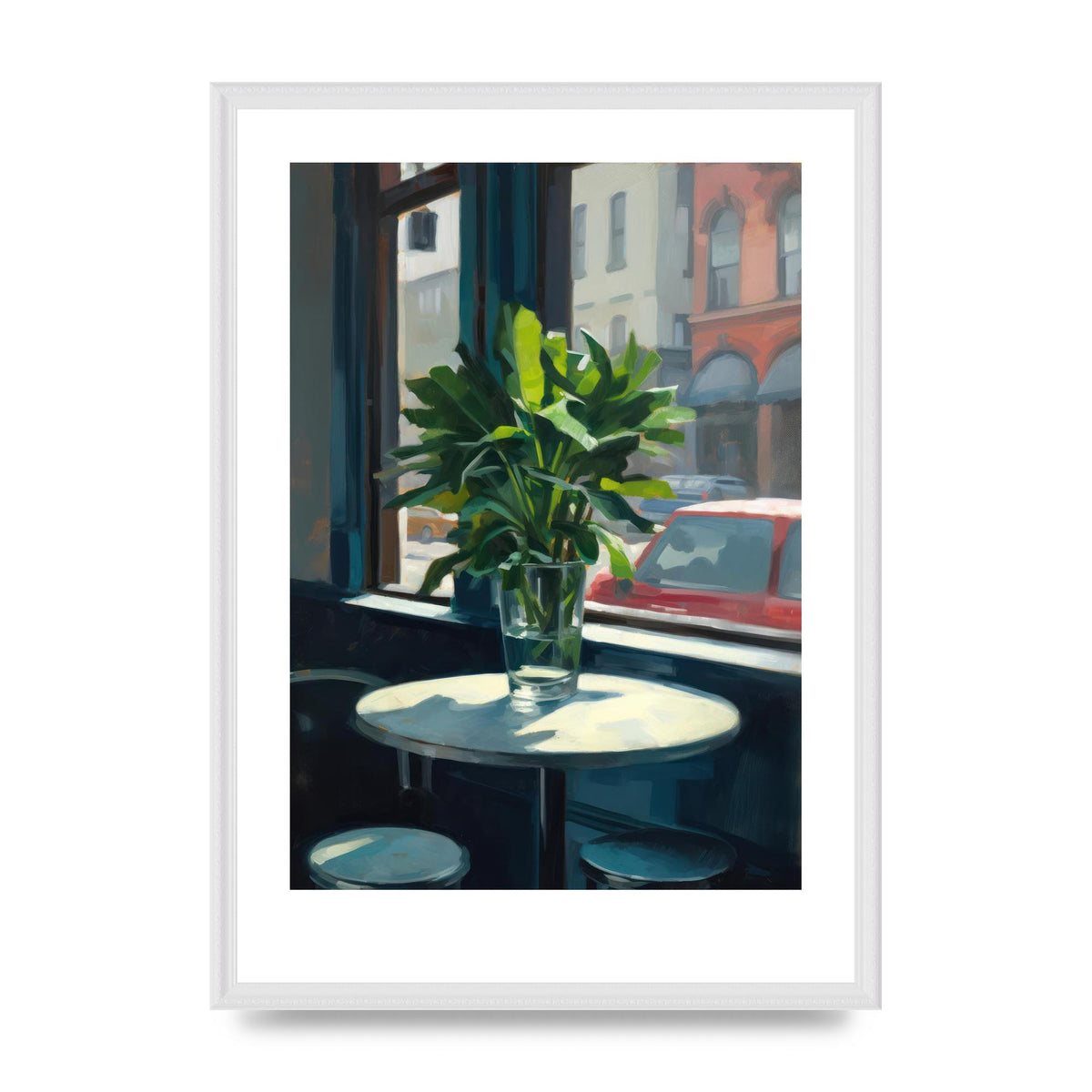 Plant on Cafe Table Against City Backdrop