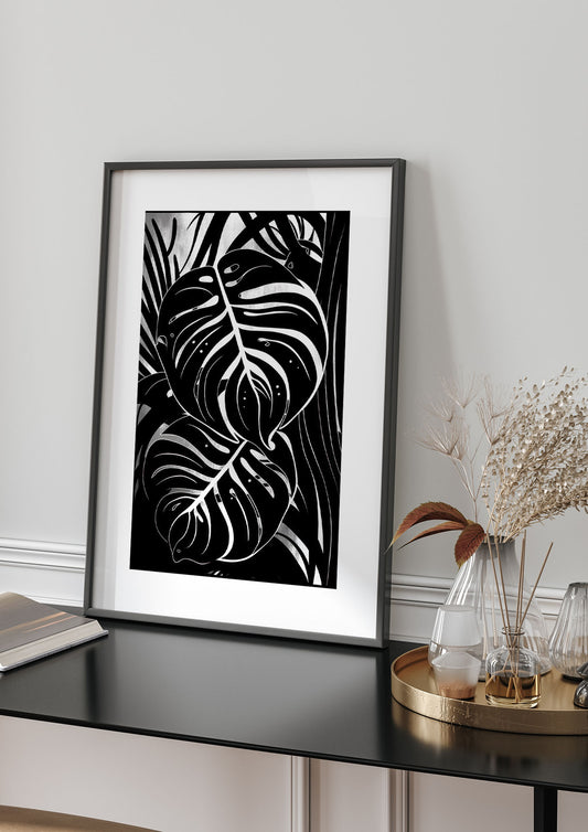 Monochrome Monstera Leaf Risograph