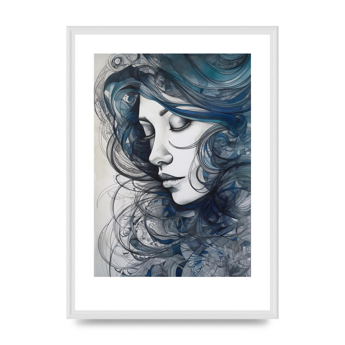Serene Female Face in Indigo Swirl
