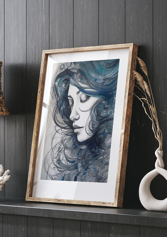 Serene Female Face in Indigo Swirl