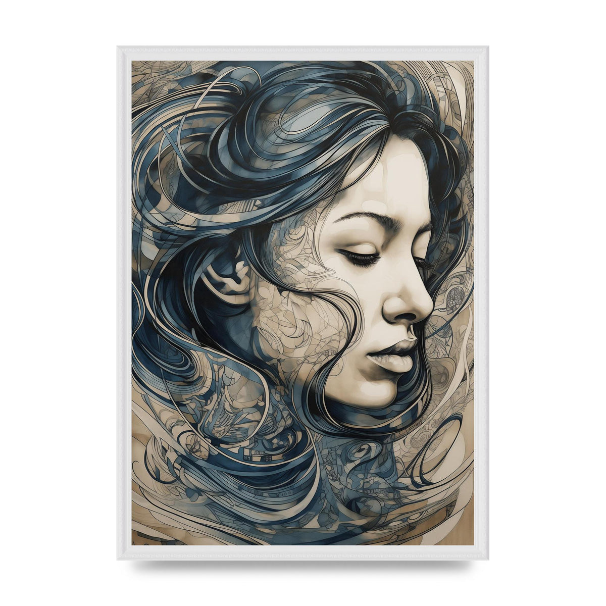 Female Face in Black Swirls and Indigo