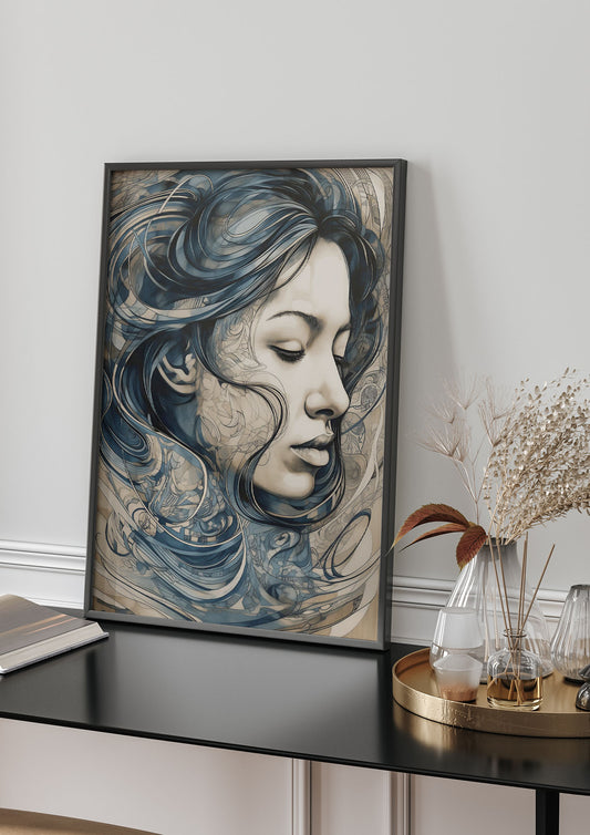 Female Face in Black Swirls and Indigo