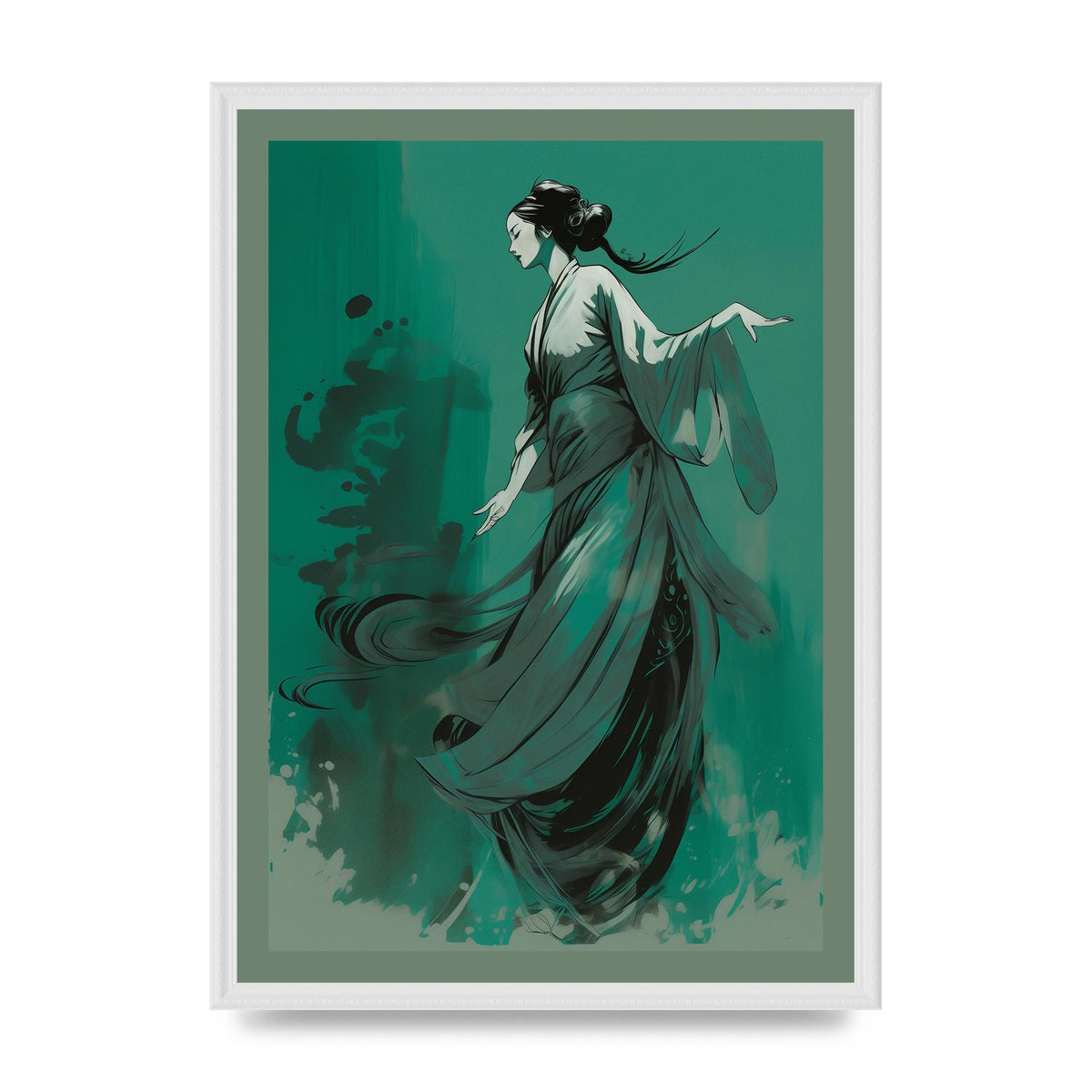 Feminine Grace in Black on Jade Canvas