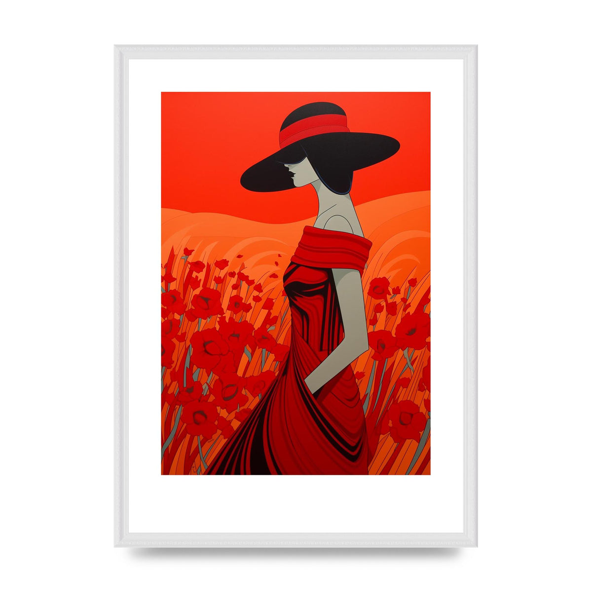 Dynamic Woman in Vermillion with Black Lines