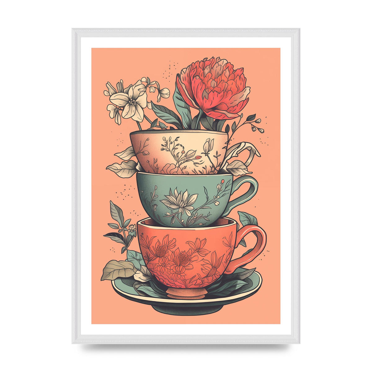 Floral Trio of Cups Risograph Art