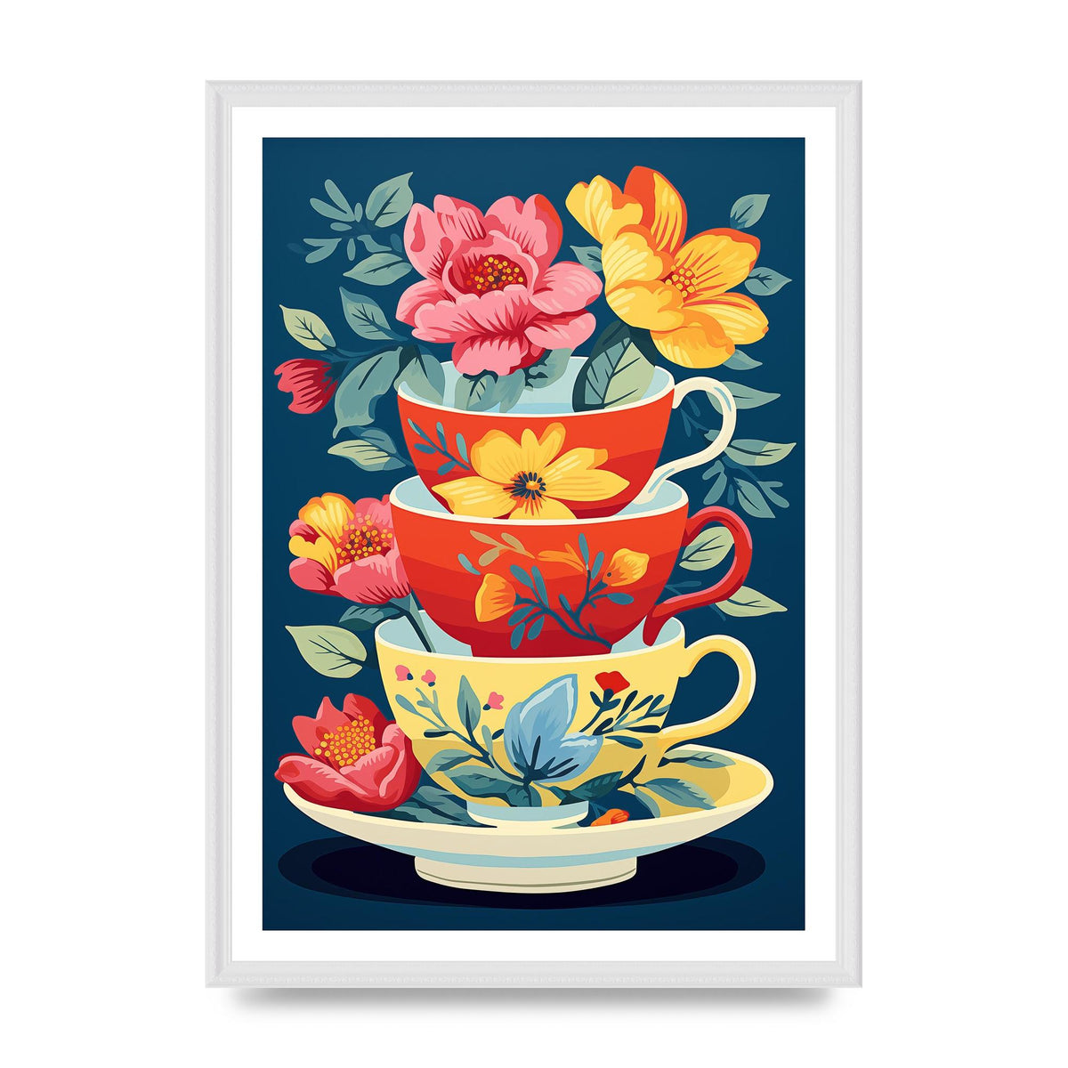 Vivid Stacked Flower-Patterned Teacups