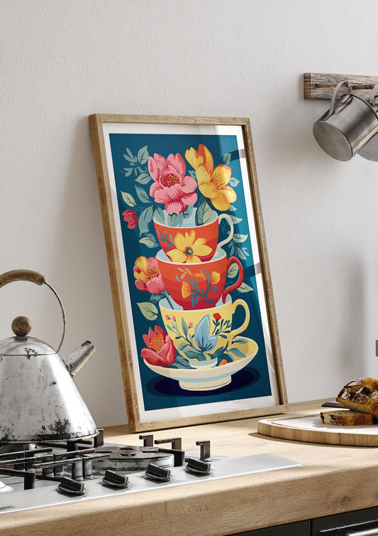 Vivid Stacked Flower-Patterned Teacups