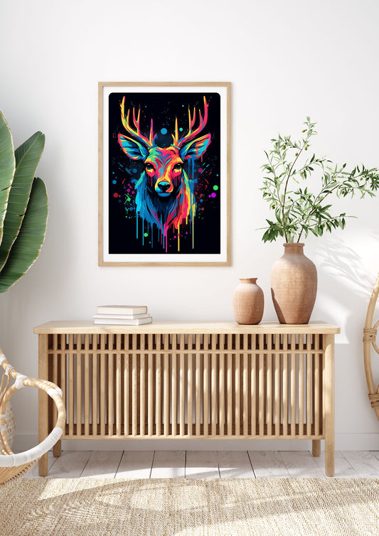 Neon Deer Elegance with Color Drops