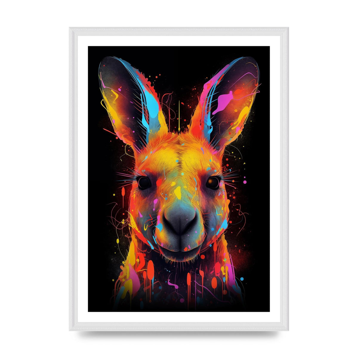 Neon Kangaroo Headshot with Vibrant Paint Drops