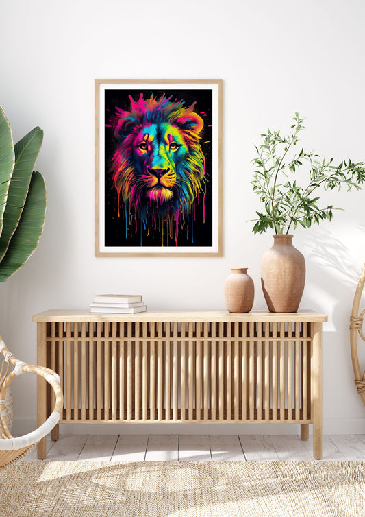 Neon Lion Portrait with Dynamic Glowing Colors