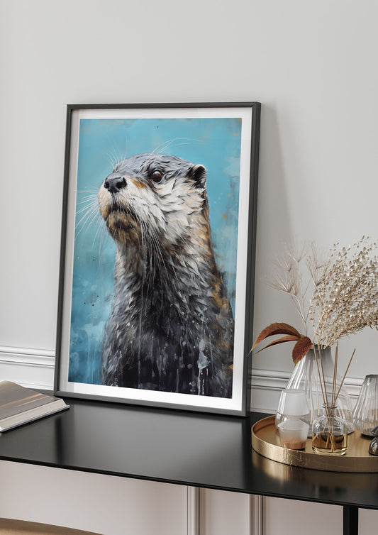 Otter in Black and White with Blue River Backdrop