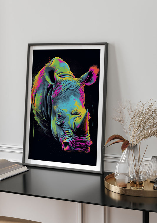 Vibrant Neon Rhino with Bold Paint Splashes