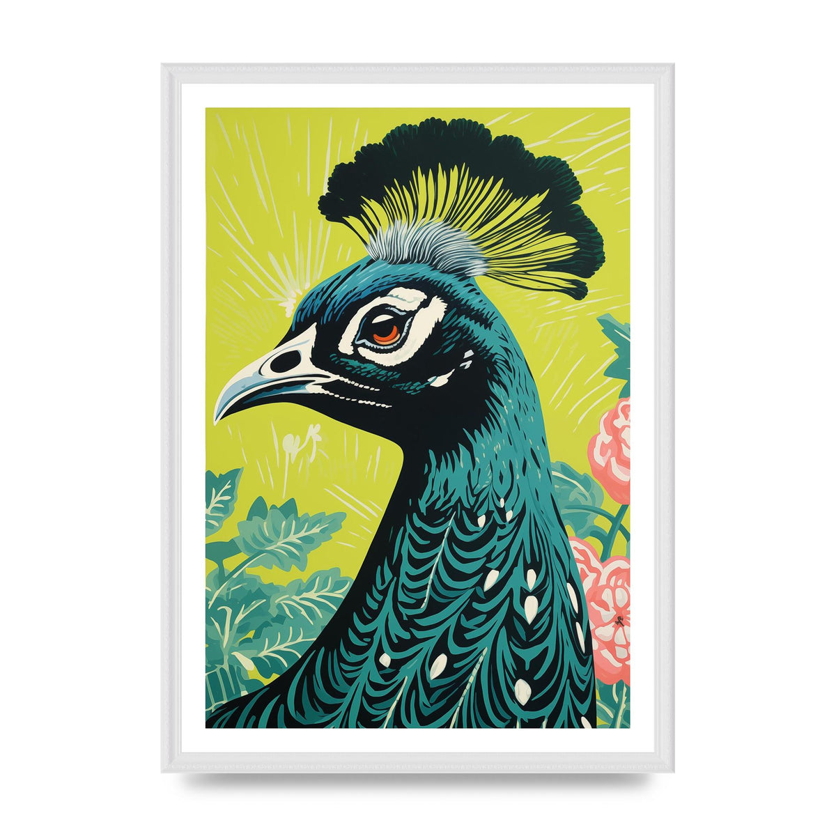 Peacock Risograph Print with Emerald Backdrop