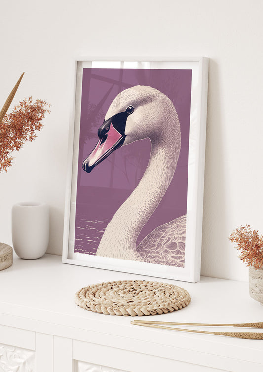 Swan Portrait in Black and White on Lavender