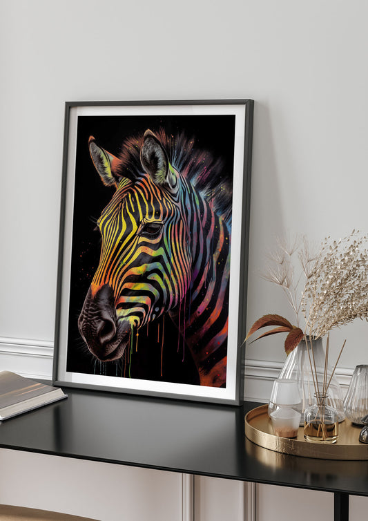 Neon-Striped Zebra in Vibrant Paint