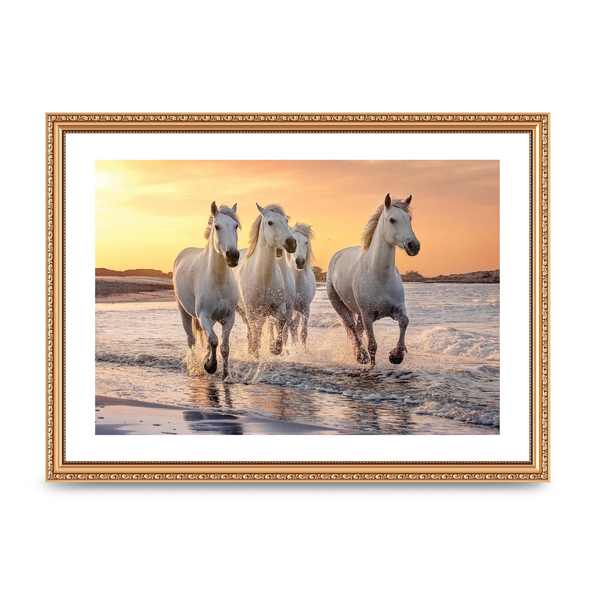 White Horses On A Beach Camargue France Art For The Home - A3 framed