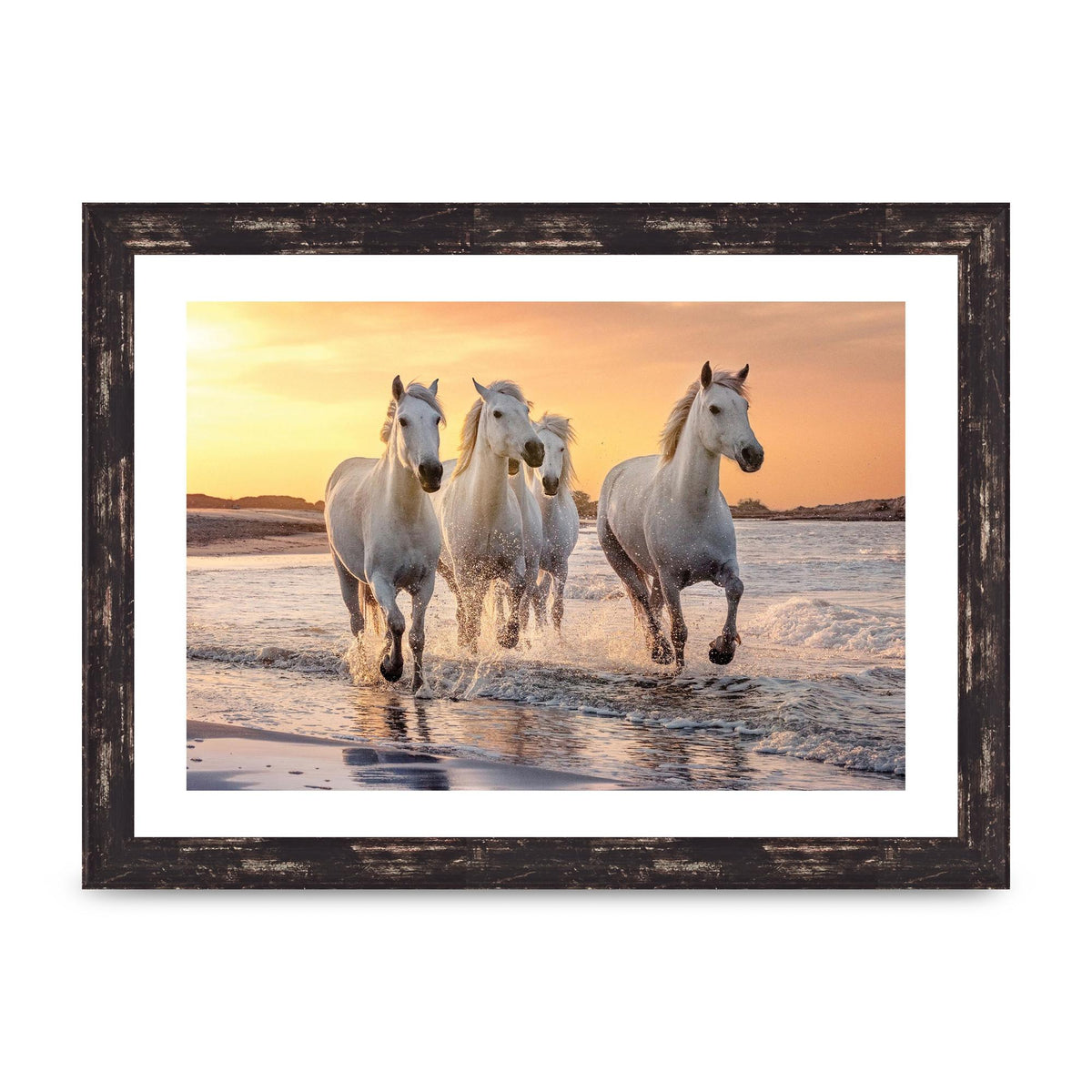 White Horses On A Beach Camargue France Art For The Home - A4 framed
