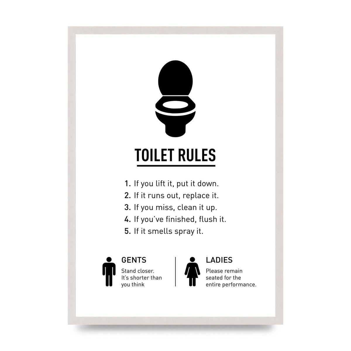 Toilet Rules" Printed Poster - A2 framed