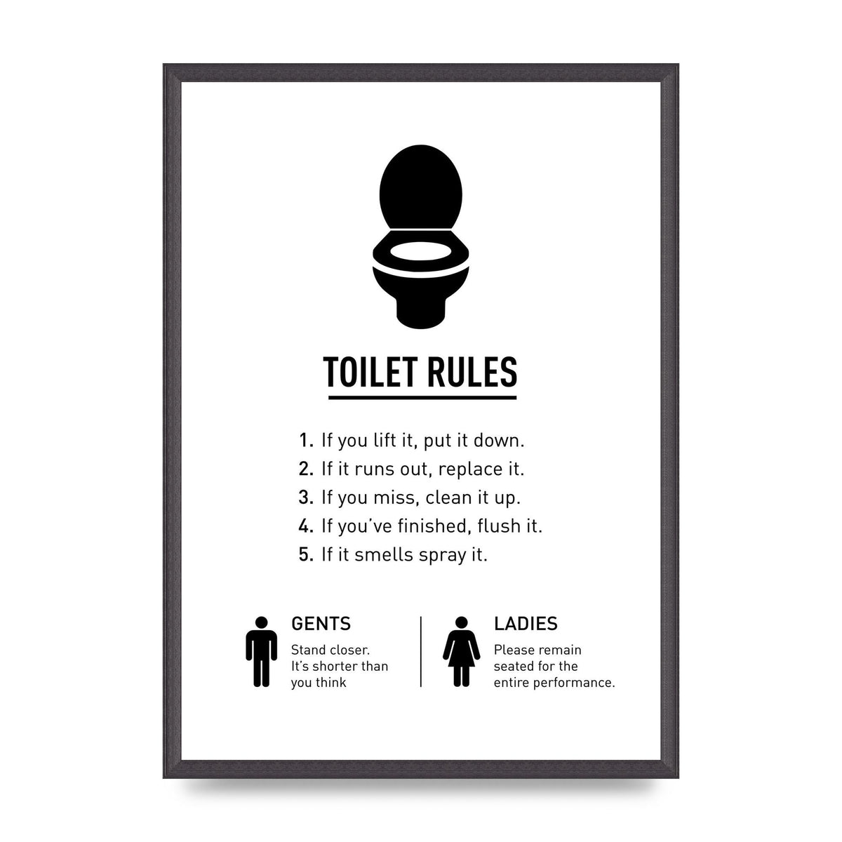 Toilet Rules" Printed Poster - A2 framed
