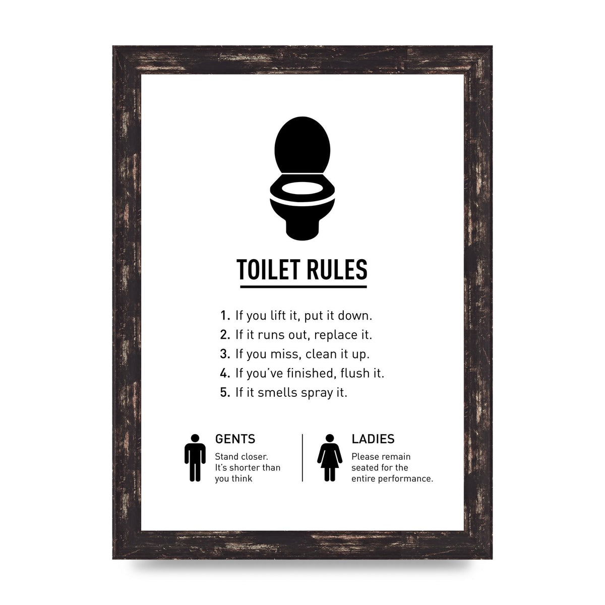 Toilet Rules" Printed Poster - A4 framed