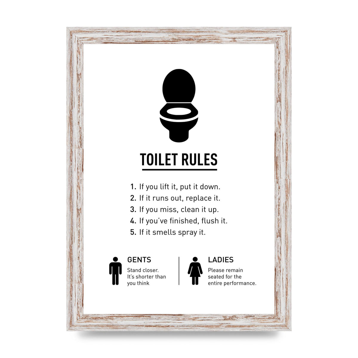 Toilet Rules" Printed Poster - A4 framed